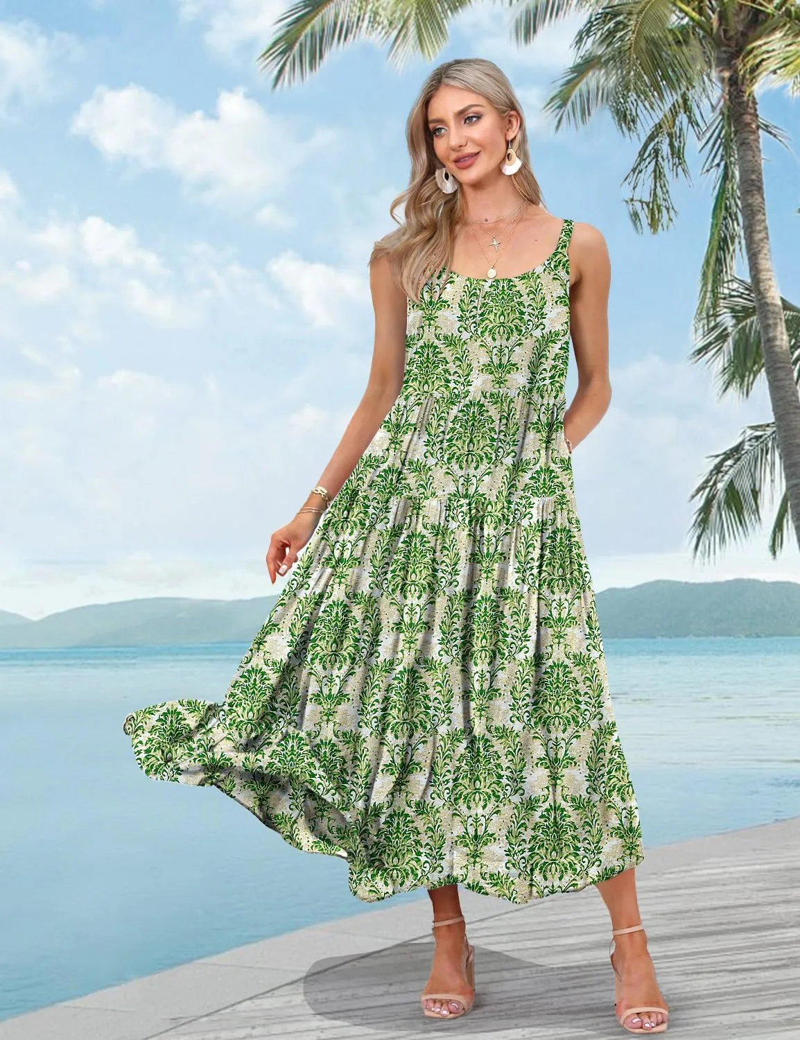 YESNO Summer Bohemian Floral Dresses for Women Spaghetti Straps Maxi Dress Casual Flowy Dresses with Pockets ES0