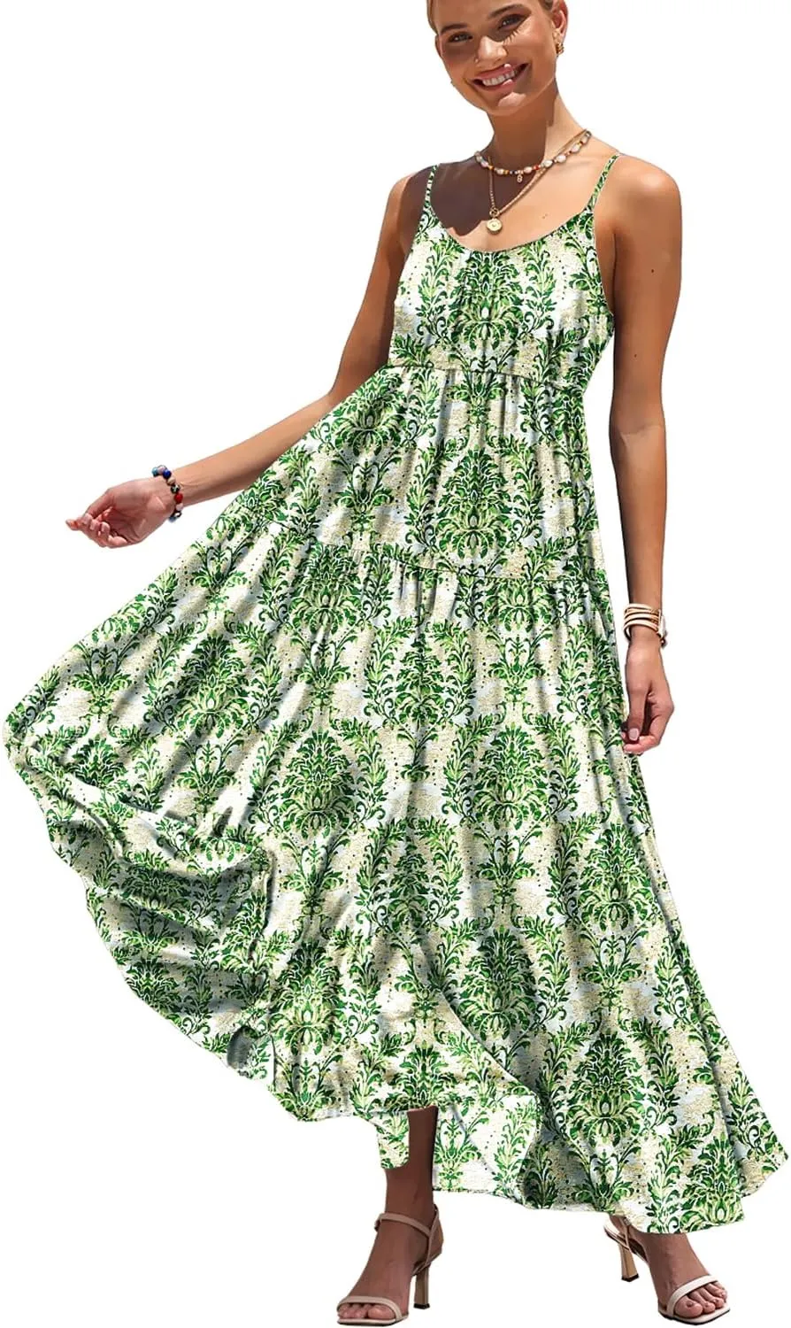YESNO Summer Bohemian Floral Dresses for Women Spaghetti Straps Maxi Dress Casual Flowy Dresses with Pockets ES0