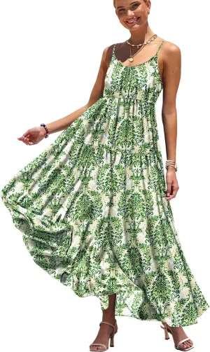 YESNO Summer Bohemian Floral Dresses for Women Spaghetti Straps Maxi Dress Casual Flowy Dresses with Pockets ES0
