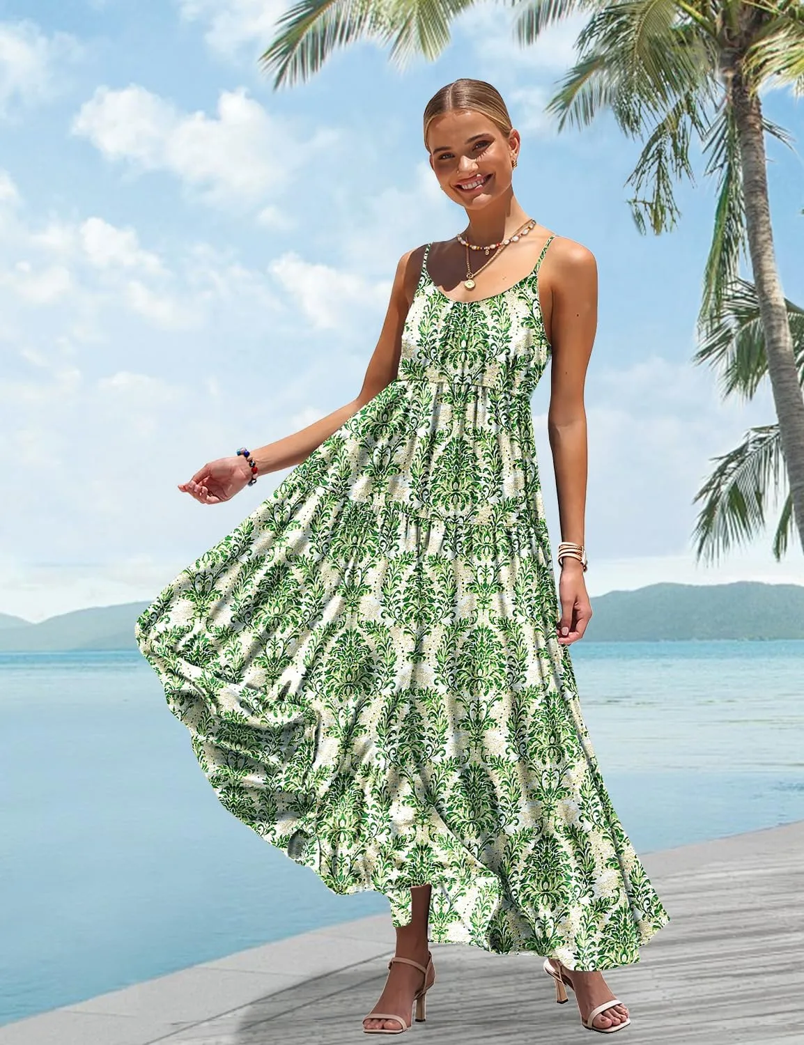 YESNO Summer Bohemian Floral Dresses for Women Spaghetti Straps Maxi Dress Casual Flowy Dresses with Pockets ES0