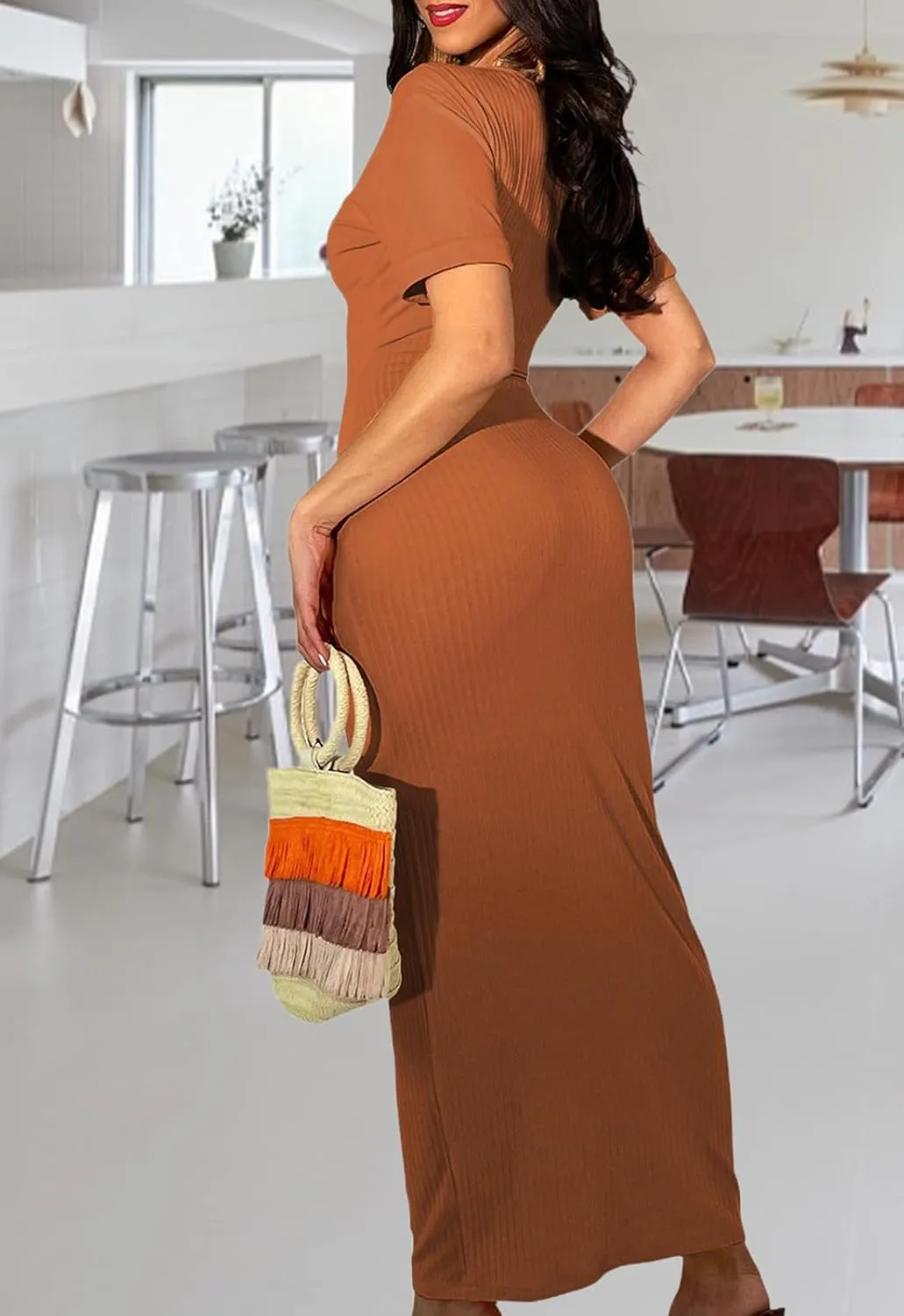 ZERMOM Women Ribbed Bodycon Maxi Dress Short Sleeve Crew Neck Fitted Casual Long Dresses