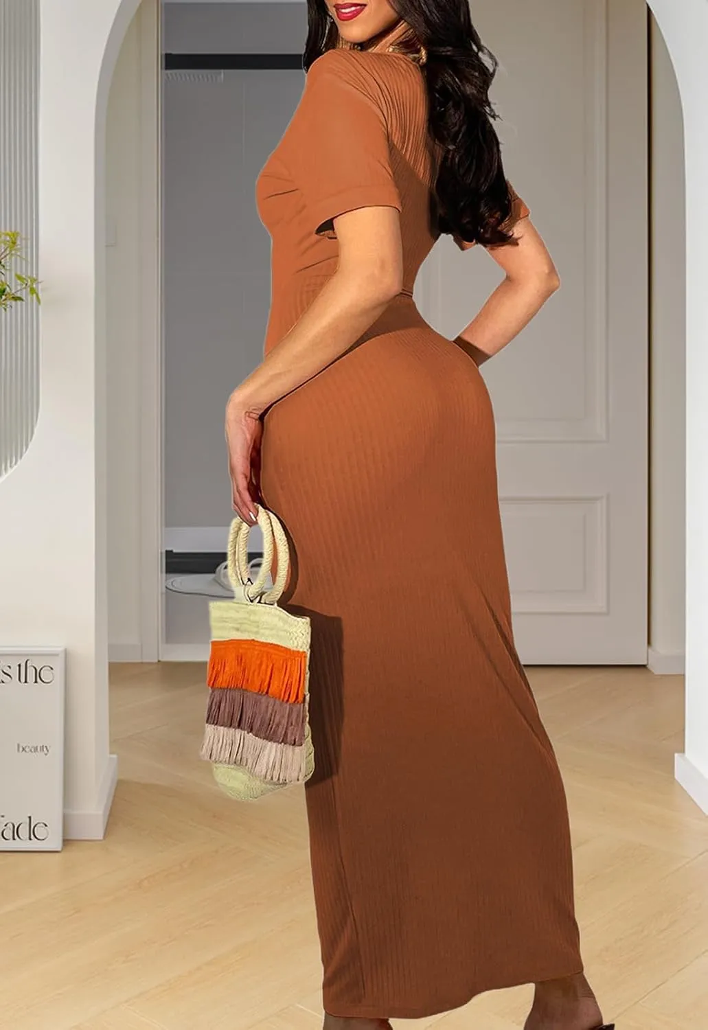 ZERMOM Women Ribbed Bodycon Maxi Dress Short Sleeve Crew Neck Fitted Casual Long Dresses