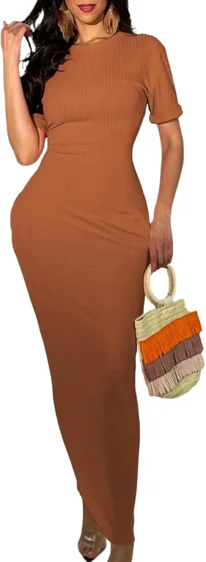 ZERMOM Women Ribbed Bodycon Maxi Dress Short Sleeve Crew Neck Fitted Casual Long Dresses